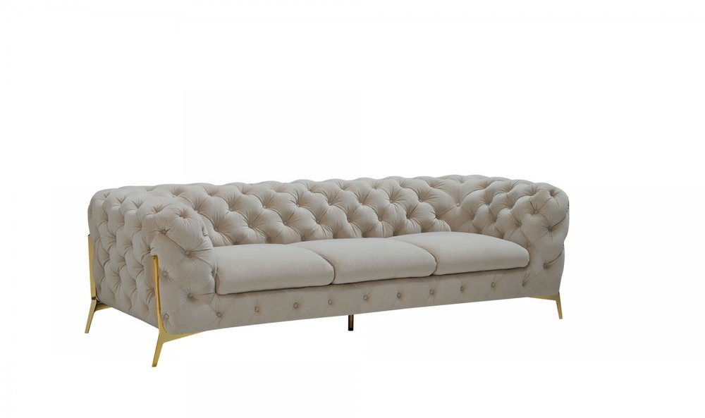 97" Beige Velvet Sofa With Gold Legs  Warm Home View