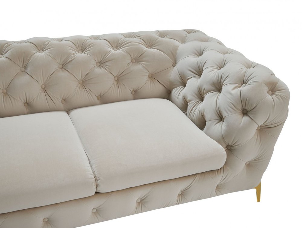 97" Beige Velvet Sofa With Gold Legs  Warm Home View