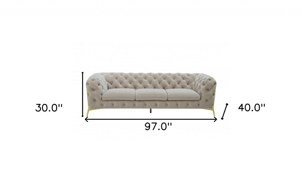 97" Beige Velvet Sofa With Gold Legs  Warm Home View