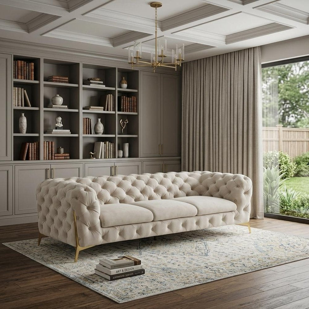 97" Beige Velvet Sofa With Gold Legs  Warm Home View