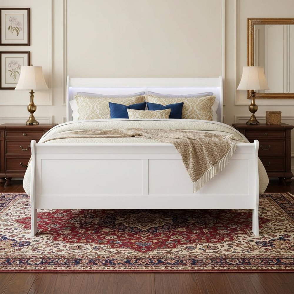 White Wood Full Bed Frame  Warm Home View