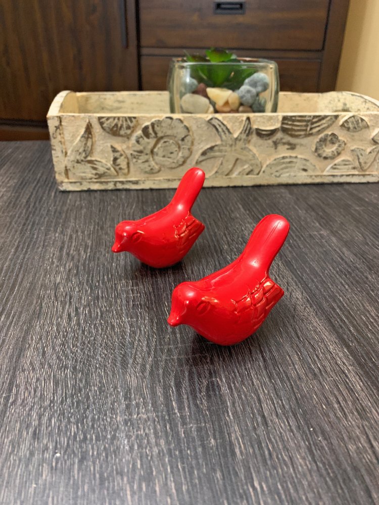 Set of Two Red Metal Bird Tabletop Sculpture  Warm Home View