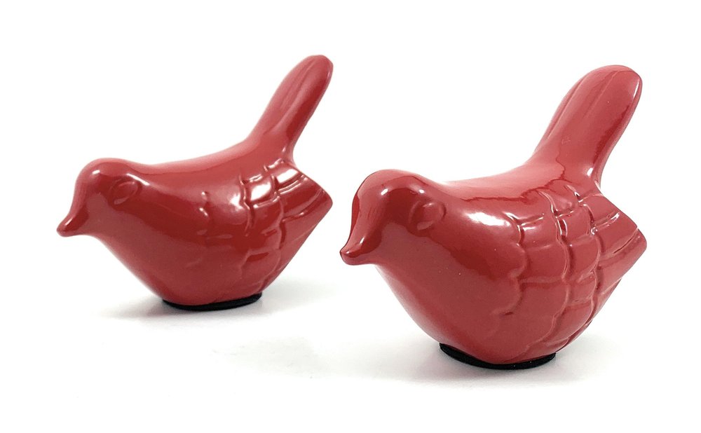 Set of Two Red Metal Bird Tabletop Sculpture  Warm Home View