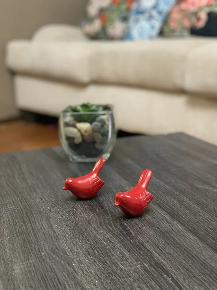 Set of Two Red Metal Bird Tabletop Sculpture  Warm Home View