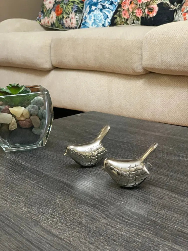Set of Two Silver Metal Bird Tabletop Sculpture  Warm Home View