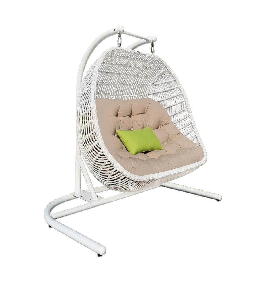 69" Beige and White Metal Indoor Outdoor Swing Chair with Beige Cushion  Warm Home View