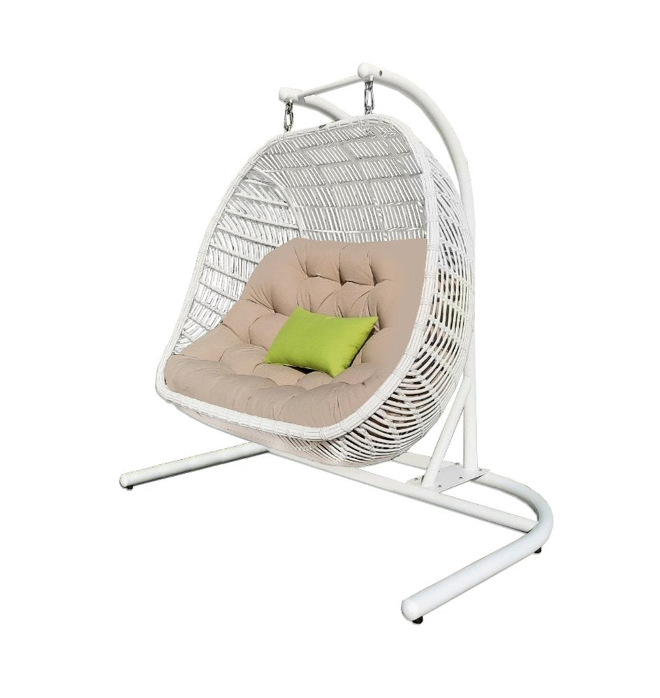 69" Beige and White Metal Indoor Outdoor Swing Chair with Beige Cushion  Warm Home View