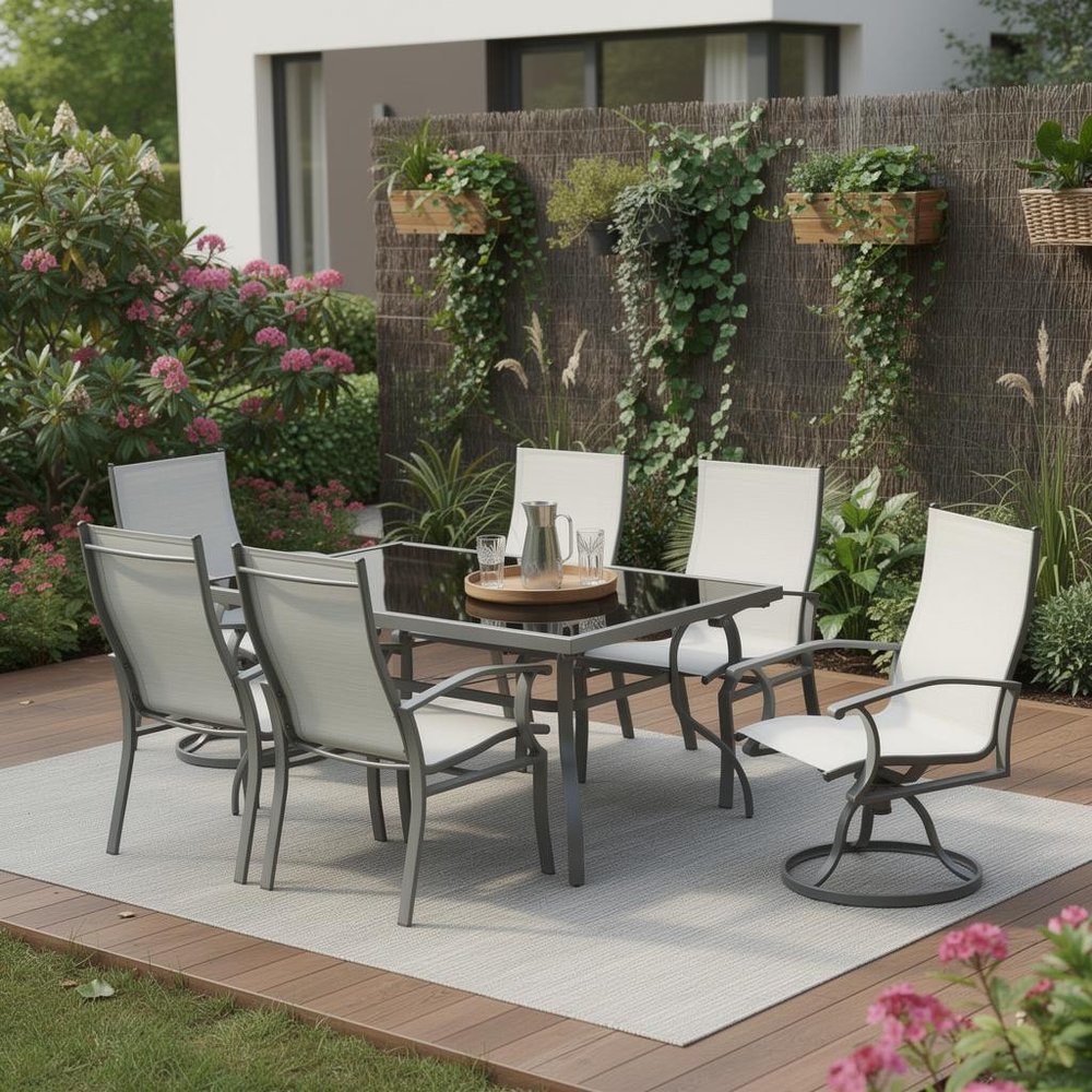 Seven Piece Black and Gray Rectangular Glass Dining Set with Six Chairs  Warm Home View