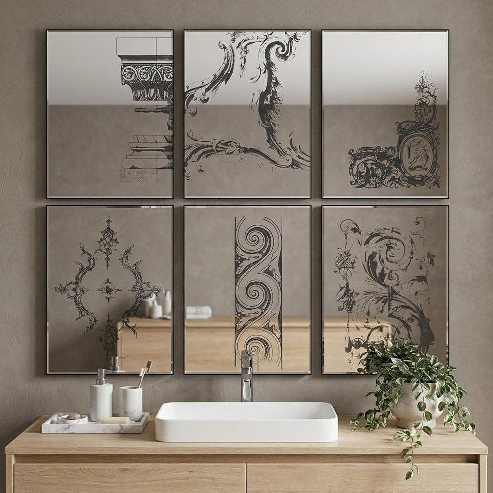 Set of Six Decorative Antiqued Glass Black Metal Framed Mirror Set  Warm Home View