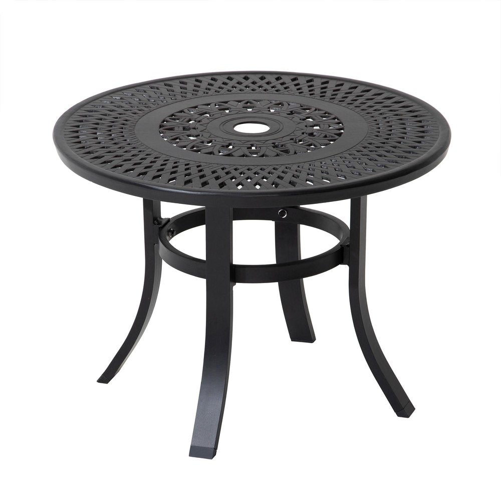 24" Black Rounded Metal Outdoor Bistro Table with Umbrella Hole  Warm Home View
