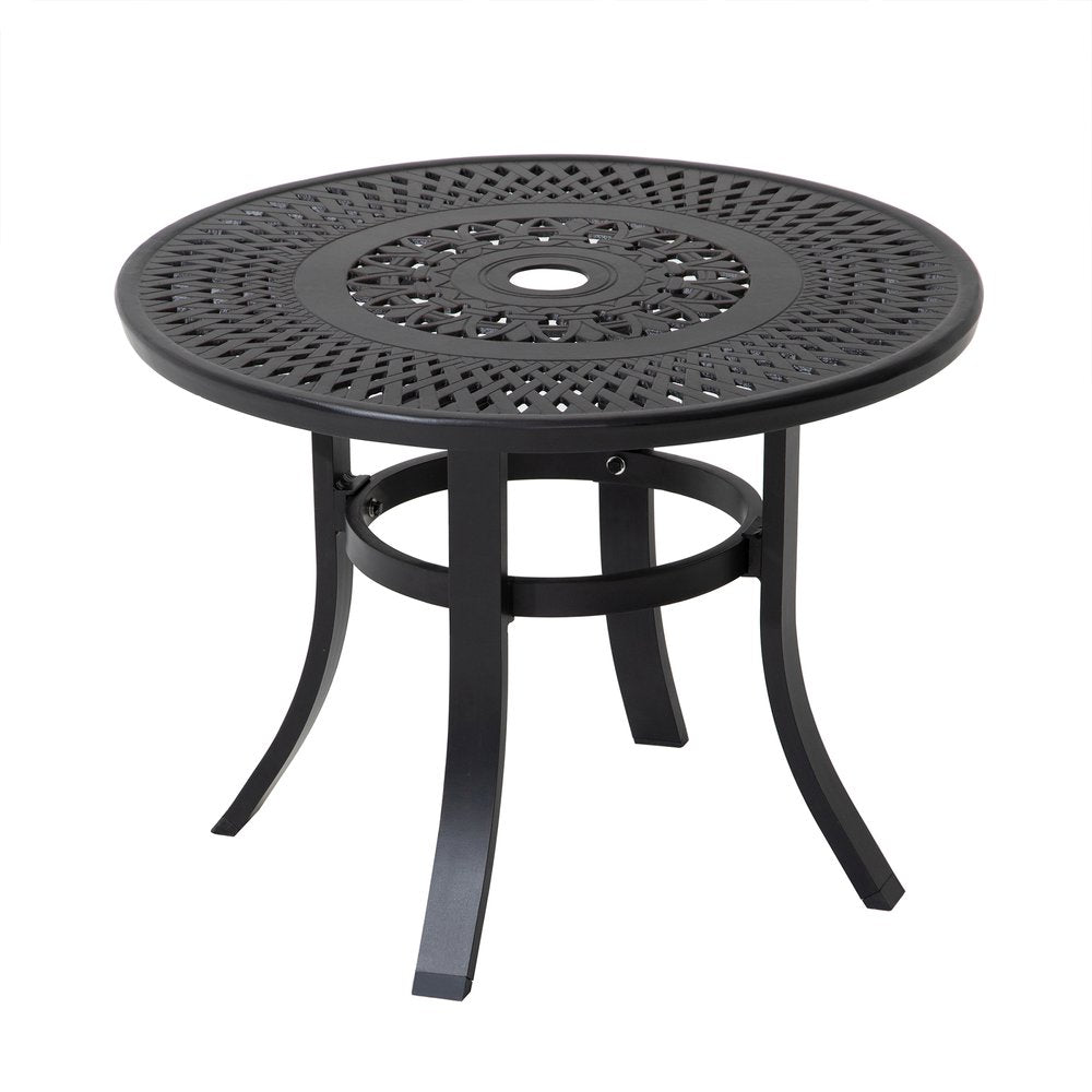 24" Black Rounded Metal Outdoor Bistro Table with Umbrella Hole  Warm Home View