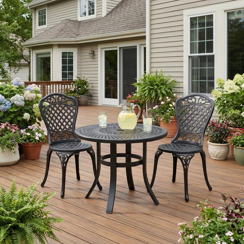 24" Black Rounded Metal Outdoor Bistro Table with Umbrella Hole  Warm Home View
