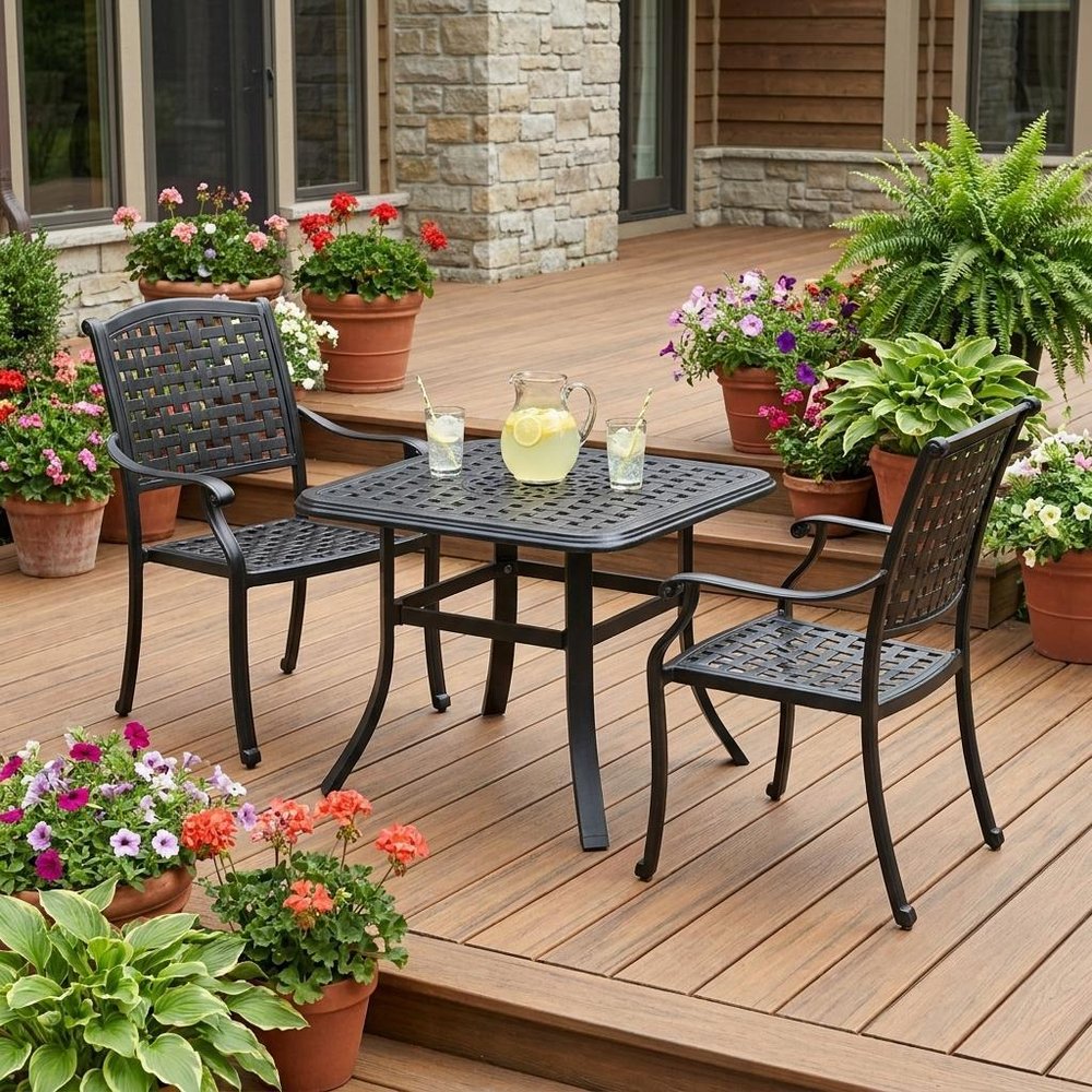 24" Black Square Metal Outdoor Bistro Table with Umbrella Hole  Warm Home View