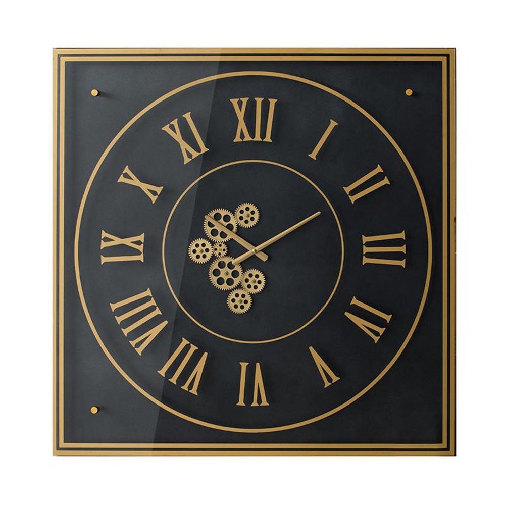 35" Black And Gold Glass And Metal Exposed Gear Square Wall Clock  Warm Home View