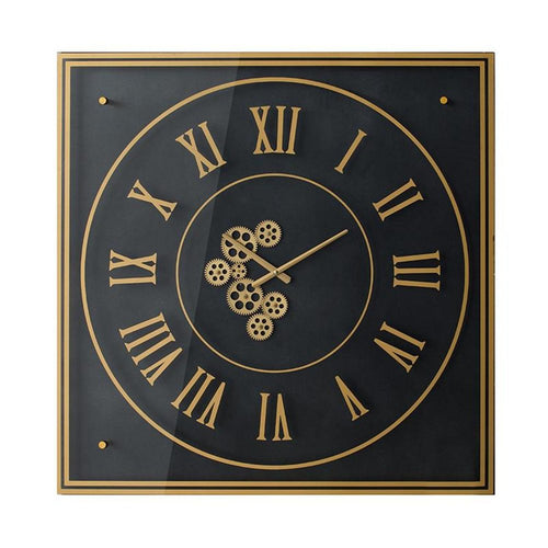 35" Black And Gold Glass And Metal Exposed Gear Square Wall Clock  Warm Home View
