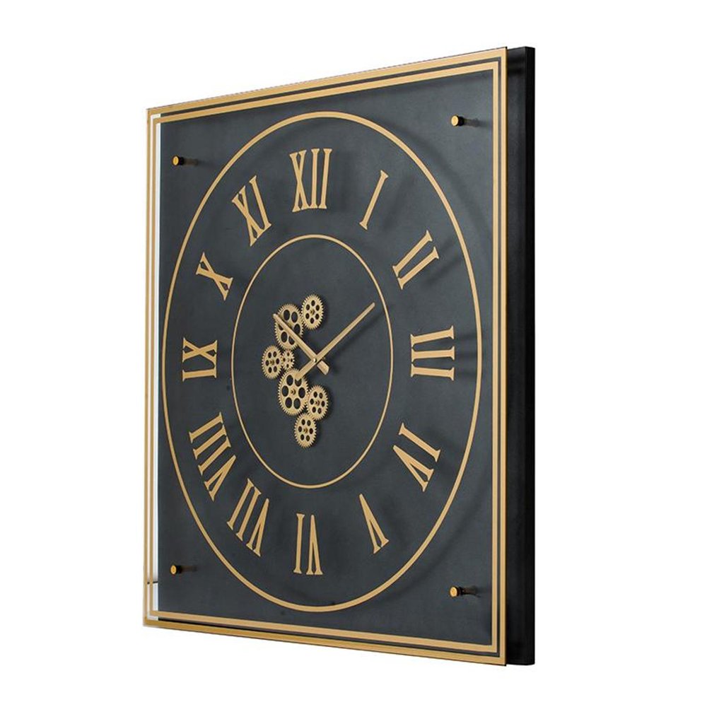35" Black And Gold Glass And Metal Exposed Gear Square Wall Clock  Warm Home View
