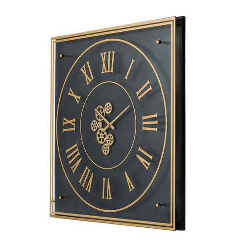 35" Black And Gold Glass And Metal Exposed Gear Square Wall Clock  Warm Home View