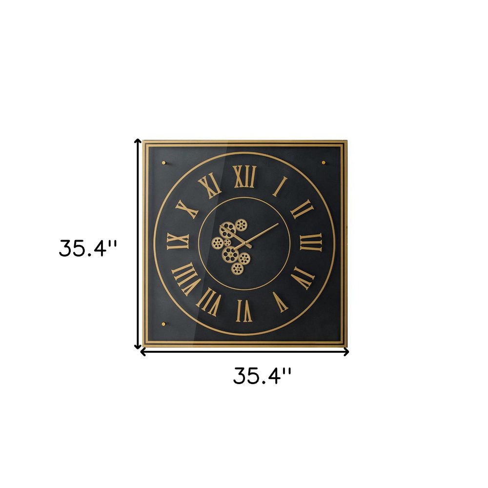 35" Black And Gold Glass And Metal Exposed Gear Square Wall Clock  Warm Home View