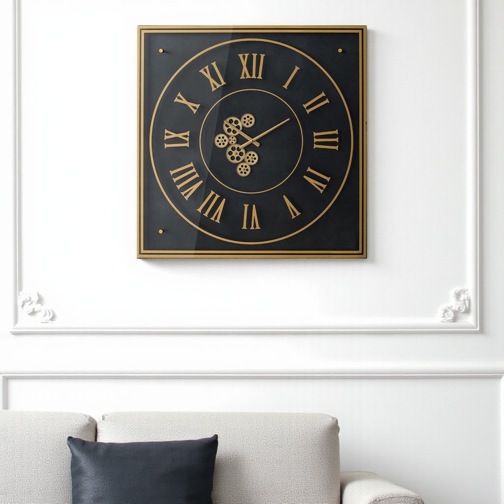 35" Black And Gold Glass And Metal Exposed Gear Square Wall Clock  Warm Home View
