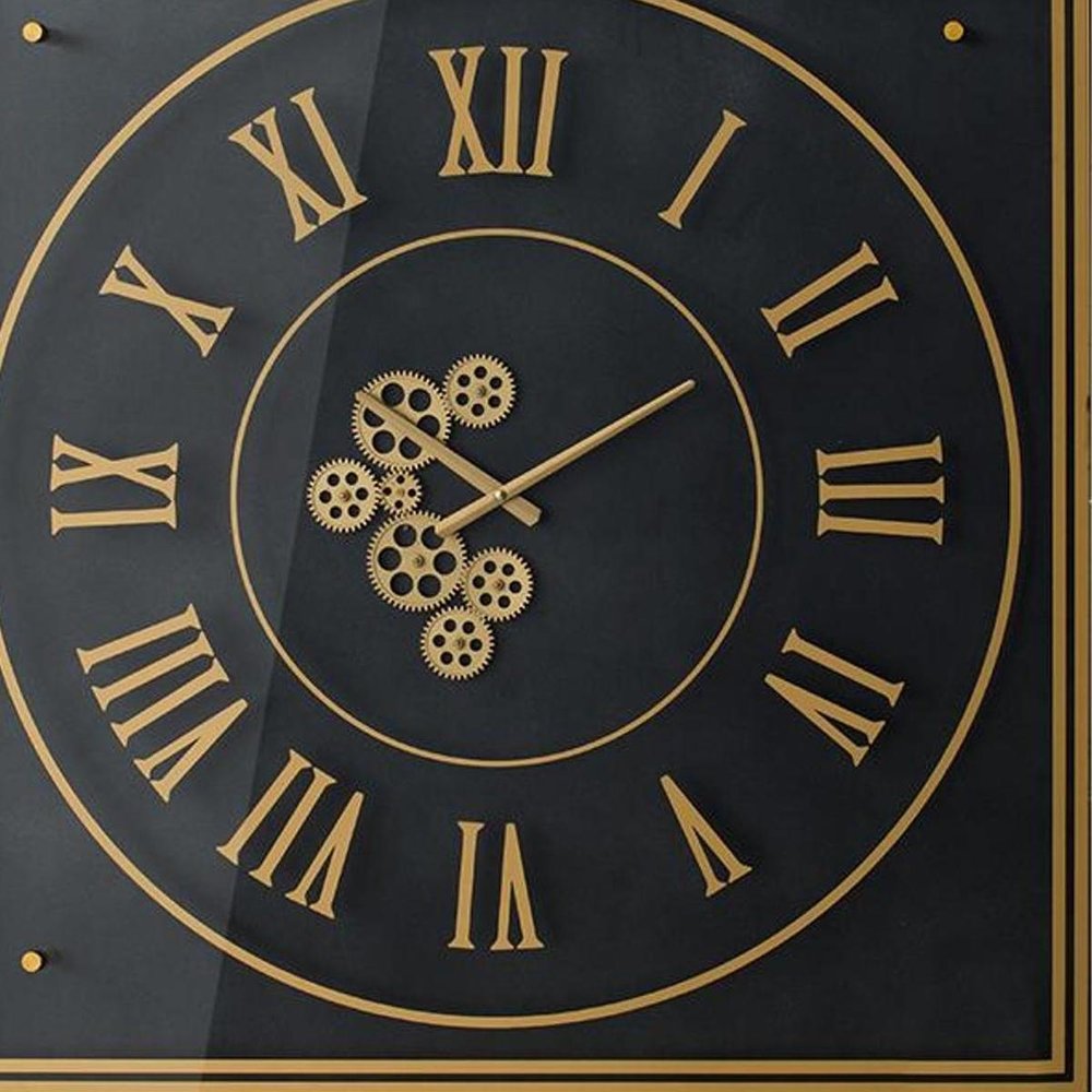 35" Black And Gold Glass And Metal Exposed Gear Square Wall Clock  Warm Home View