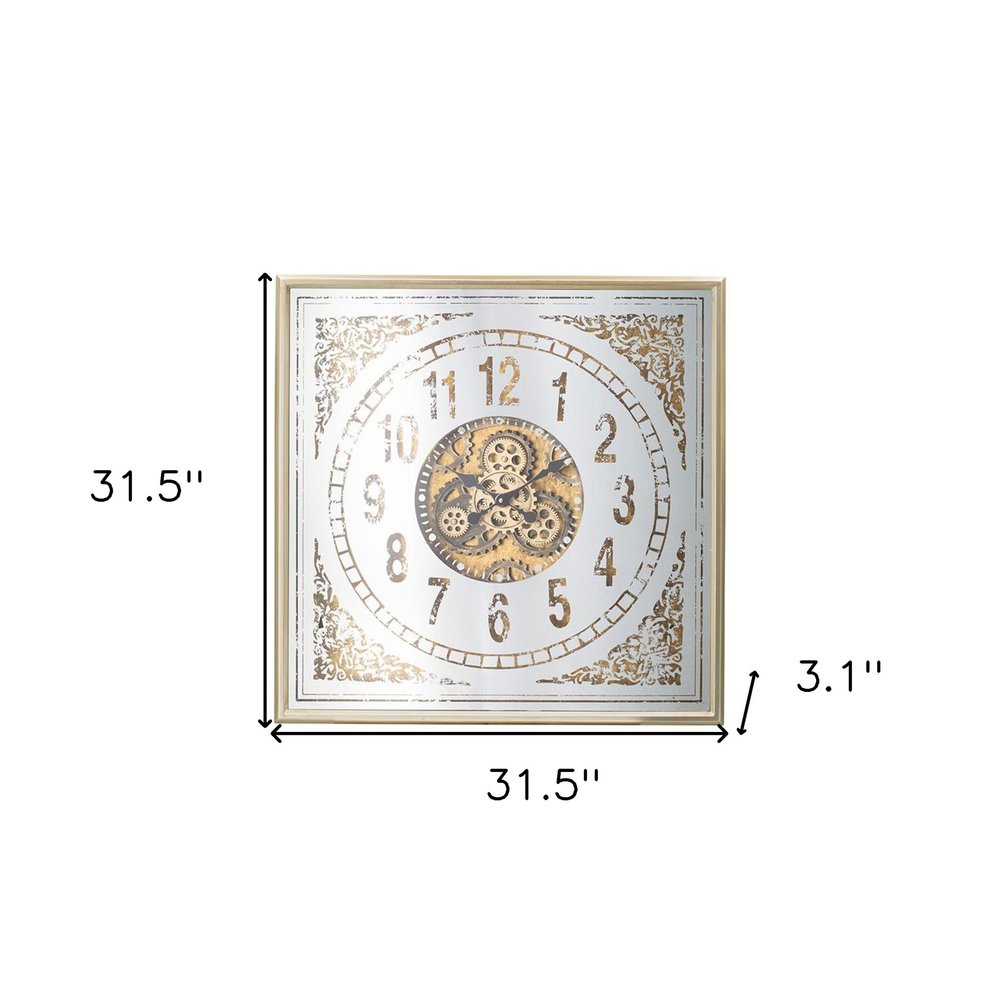 32" Square Gold and Silver Wood and Mirror Analog Exposed Gear Wall Clock  Warm Home View