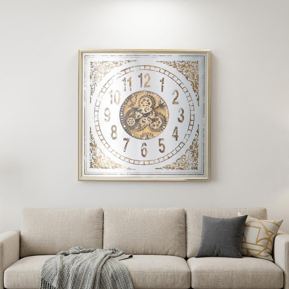 32" Square Gold and Silver Wood and Mirror Analog Exposed Gear Wall Clock  Warm Home View