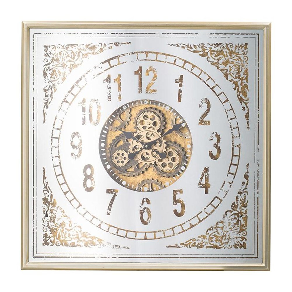 32" Square Gold and Silver Wood and Mirror Analog Exposed Gear Wall Clock  Warm Home View