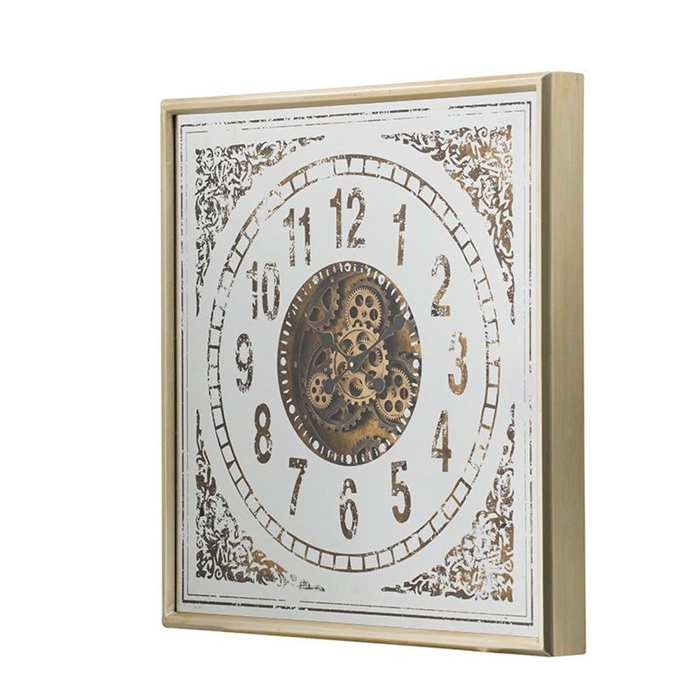 32" Square Gold and Silver Wood and Mirror Analog Exposed Gear Wall Clock  Warm Home View