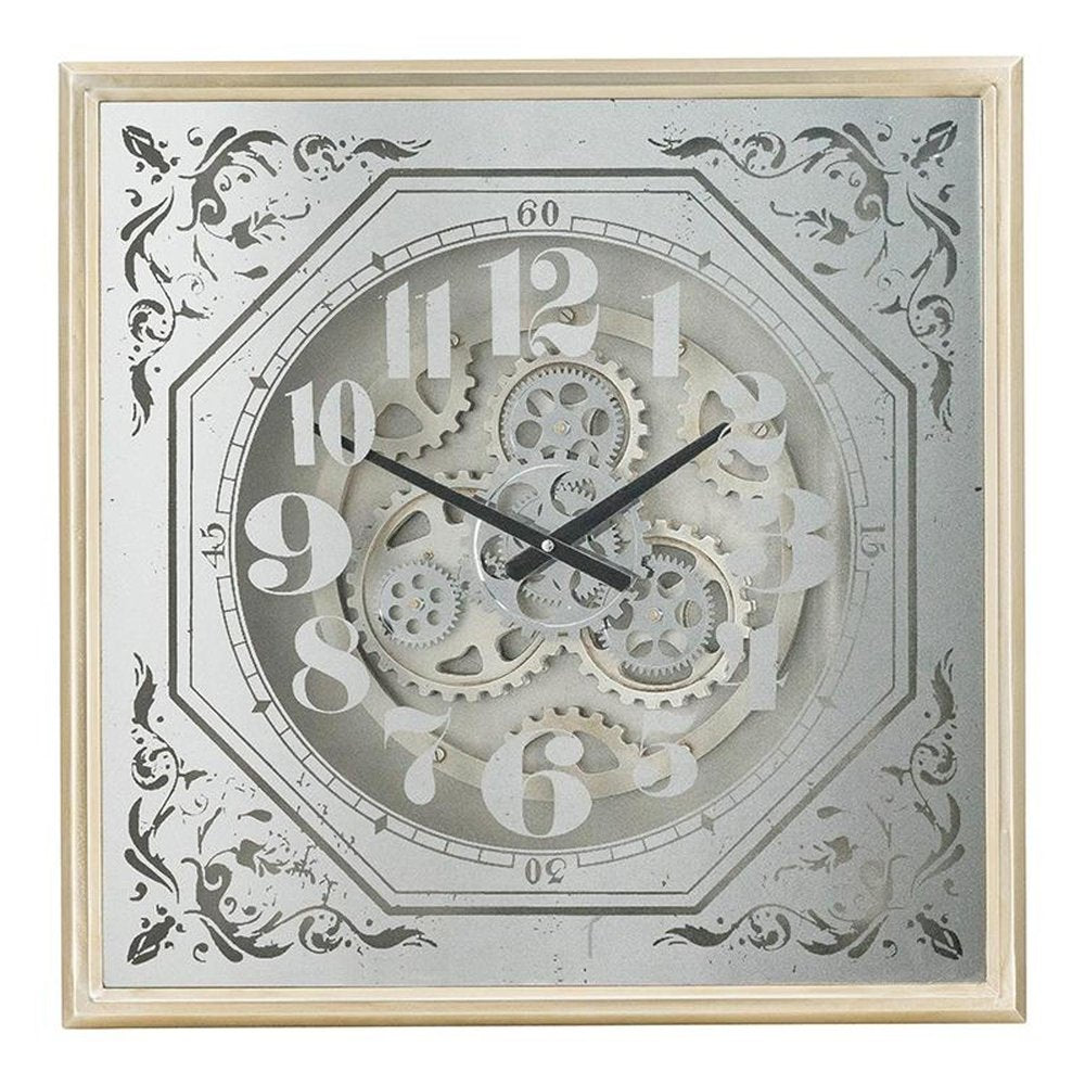 24" Square Gold and Silver Wood and Mirror Exposed Gear Wall Clock  Warm Home View