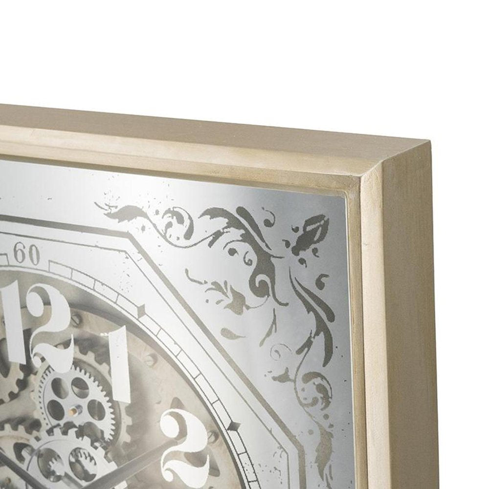 24" Square Gold and Silver Wood and Mirror Exposed Gear Wall Clock  Warm Home View
