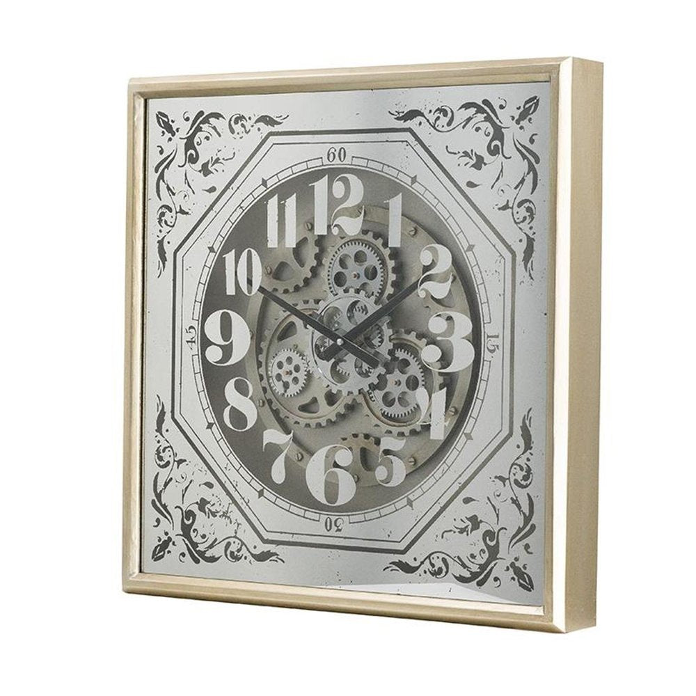24" Square Gold and Silver Wood and Mirror Exposed Gear Wall Clock  Warm Home View