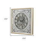 24" Square Gold and Silver Wood and Mirror Exposed Gear Wall Clock  Warm Home View