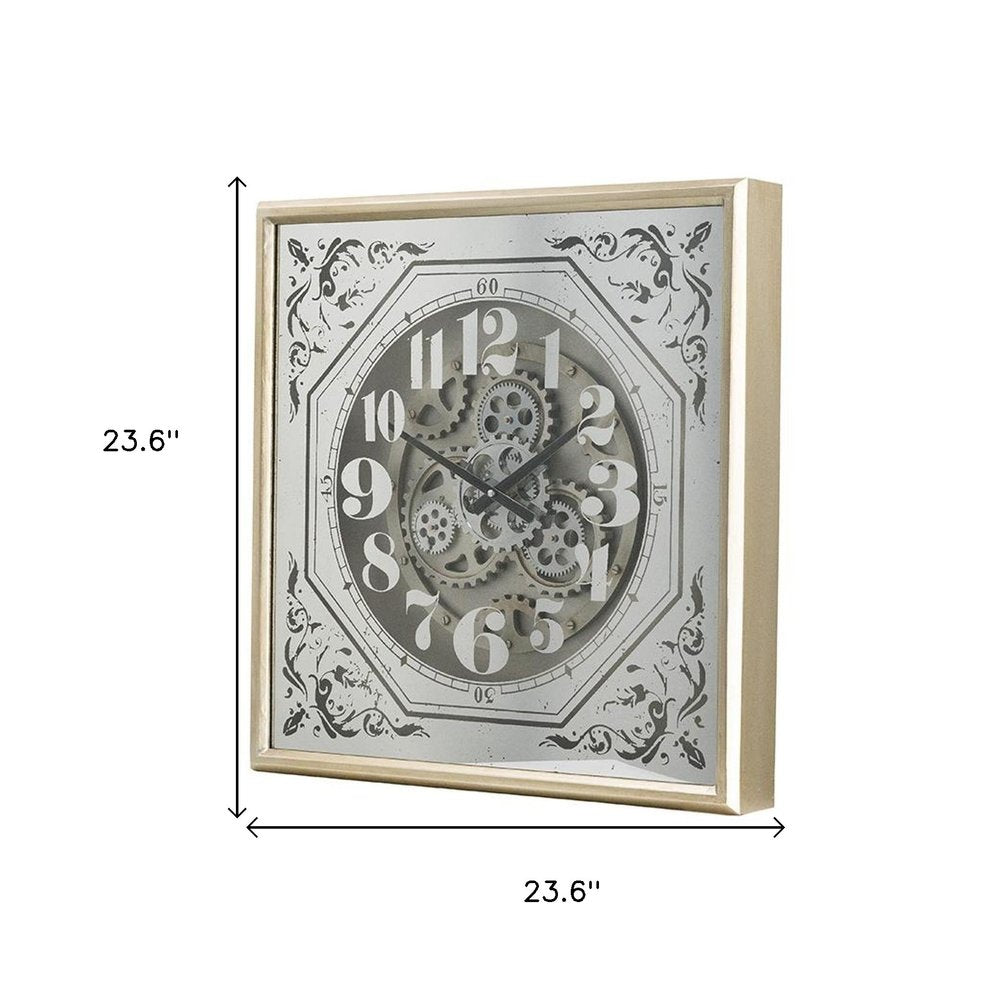24" Square Gold and Silver Wood and Mirror Exposed Gear Wall Clock  Warm Home View