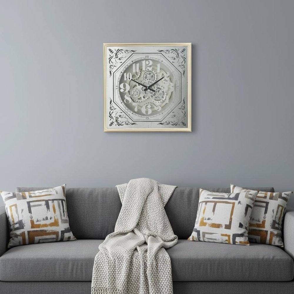24" Square Gold and Silver Wood and Mirror Exposed Gear Wall Clock  Warm Home View