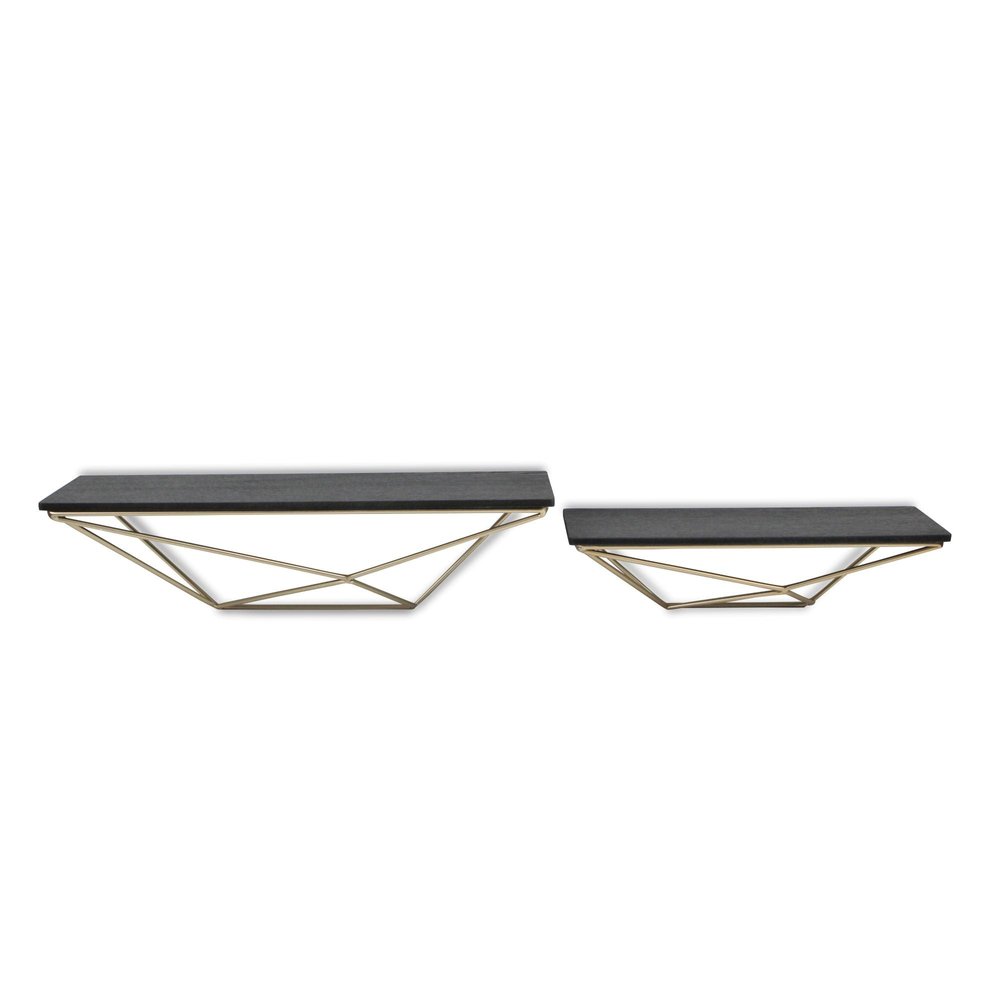 Set Of Two Black And Gold Wood And Metal Modern Wall Mounted Accent Shelves  Warm Home View