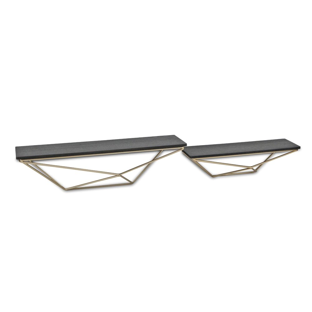 Set Of Two Black And Gold Wood And Metal Modern Wall Mounted Accent Shelves  Warm Home View
