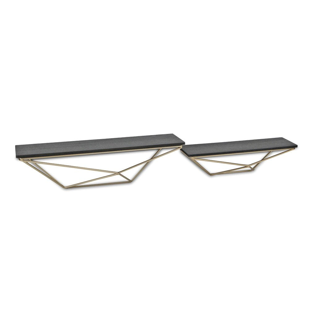 Set Of Two Black And Gold Wood And Metal Modern Wall Mounted Accent Shelves  Warm Home View