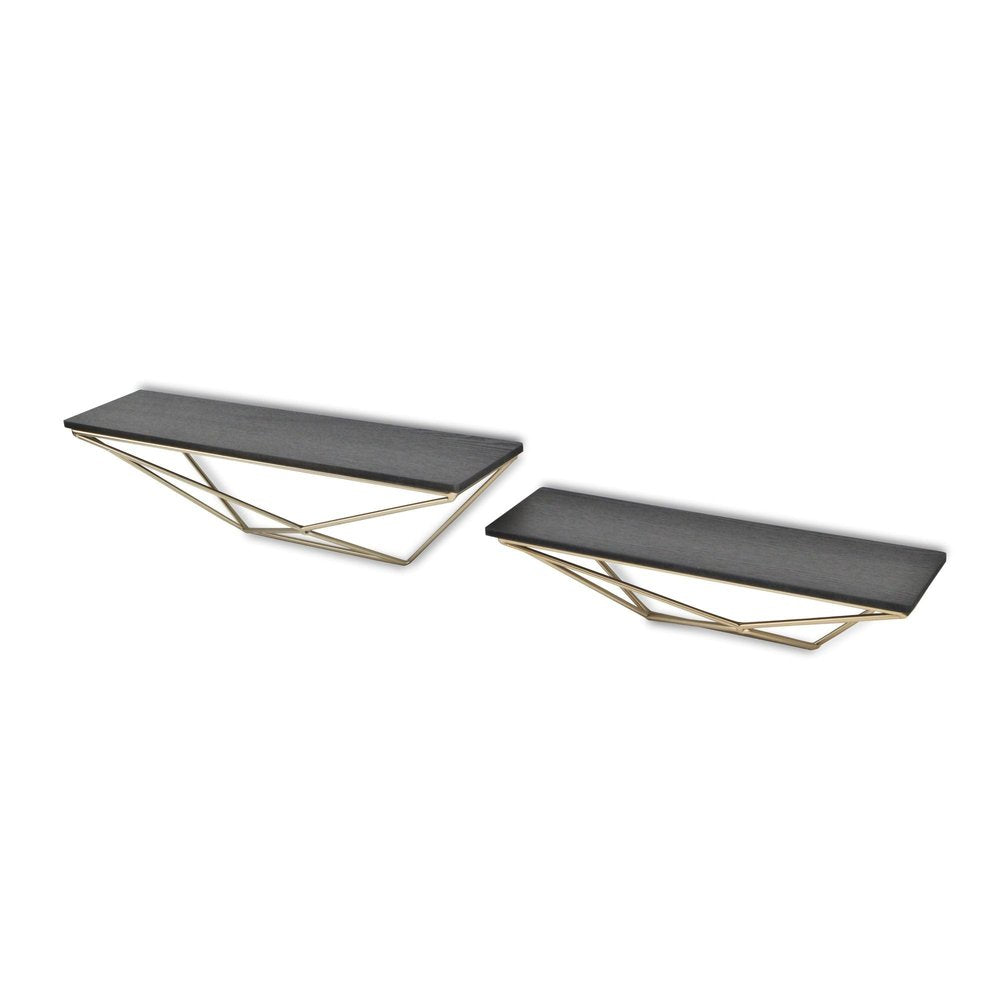 Set Of Two Black And Gold Wood And Metal Modern Wall Mounted Accent Shelves  Warm Home View