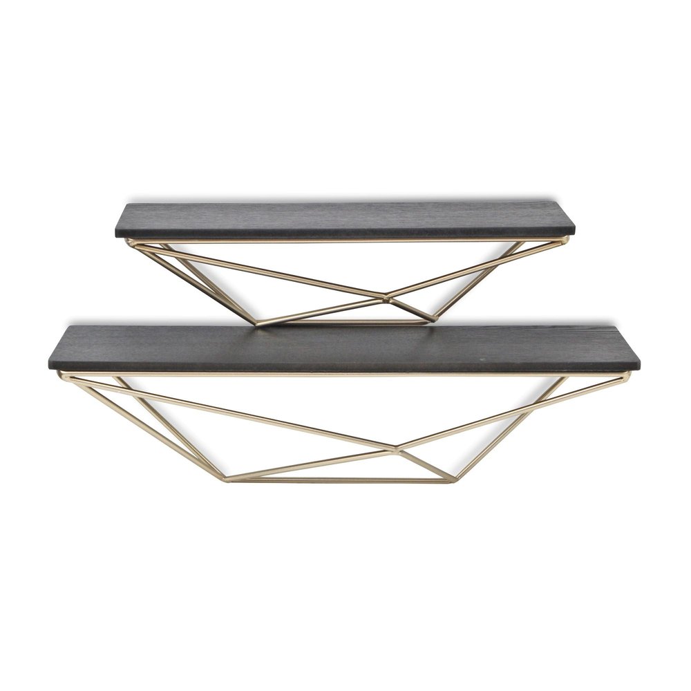 Set Of Two Black And Gold Wood And Metal Modern Wall Mounted Accent Shelves  Warm Home View