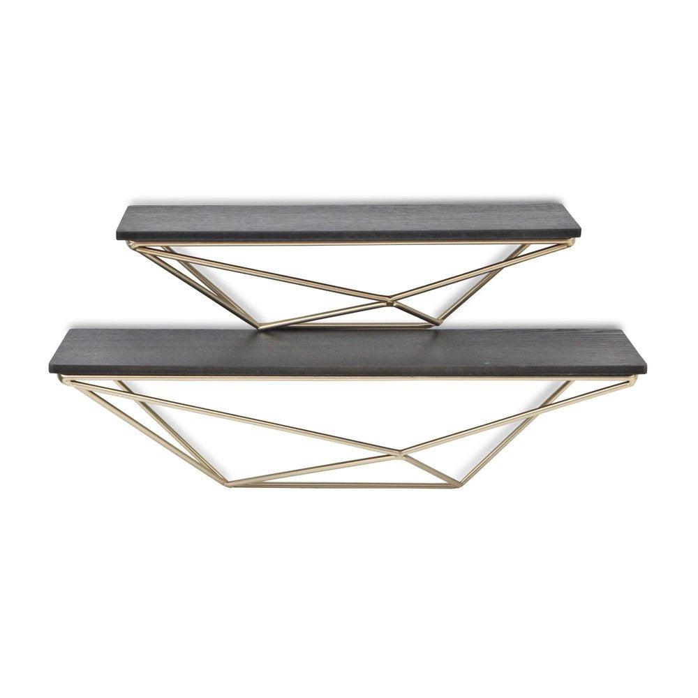 Set Of Two Black And Gold Wood And Metal Modern Wall Mounted Accent Shelves  Warm Home View