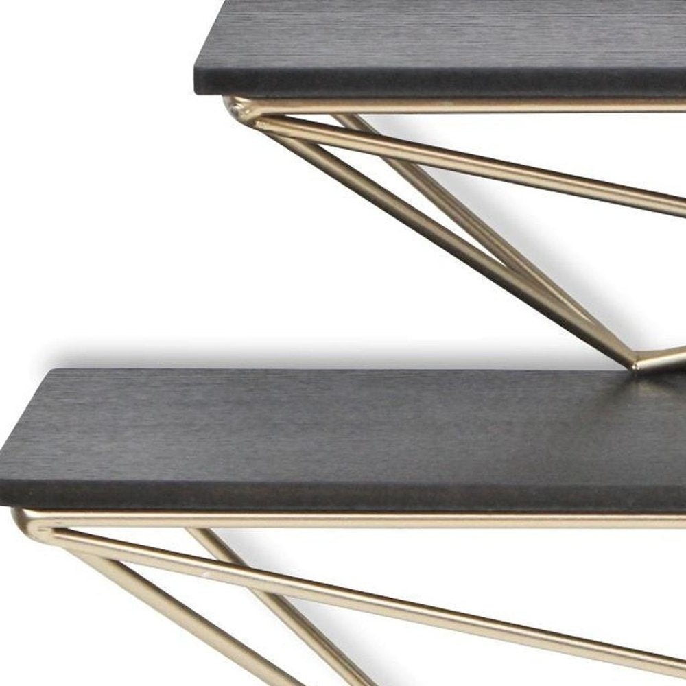 Set Of Two Black And Gold Wood And Metal Modern Wall Mounted Accent Shelves  Warm Home View