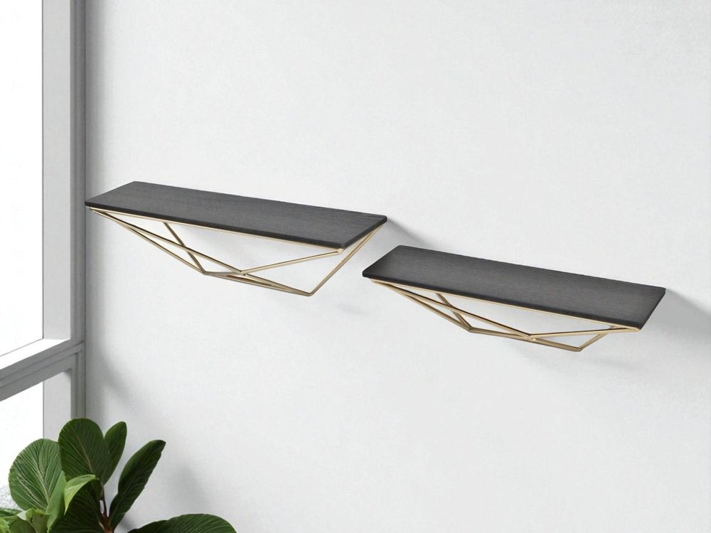 Set Of Two Black And Gold Wood And Metal Modern Wall Mounted Accent Shelves  Warm Home View