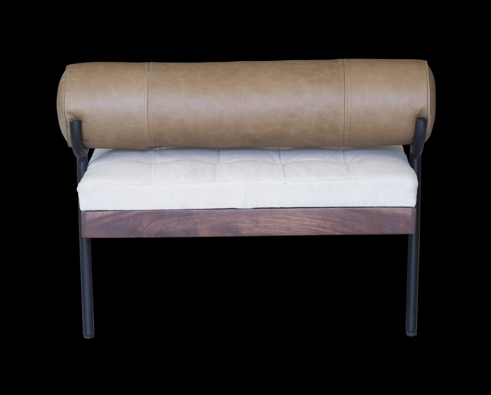 72" Ivory Brown And Black Tufted Cotton Wood And Metal Cushioned Bench With Pillow  Warm Home View