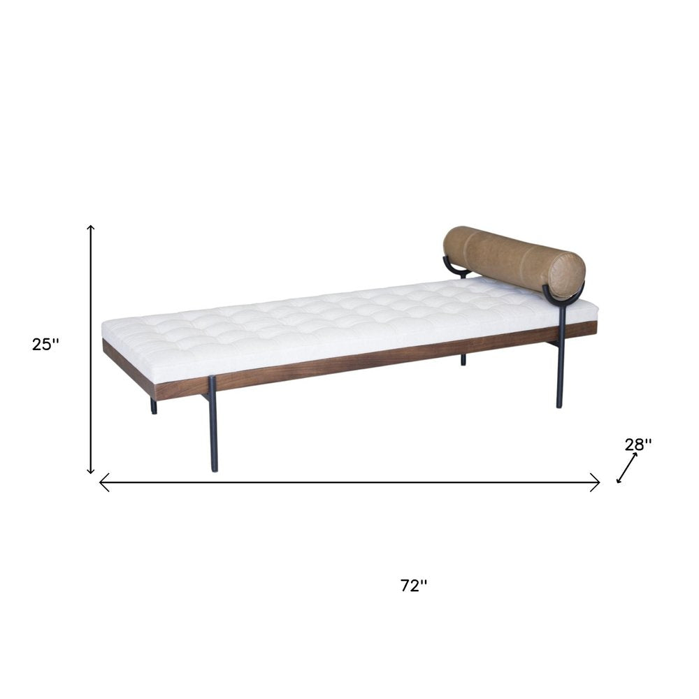 72" Ivory Brown And Black Tufted Cotton Wood And Metal Cushioned Bench With Pillow  Warm Home View