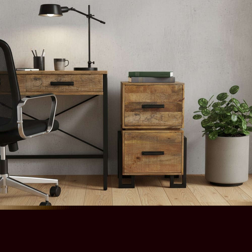 31" Brown And Black Distressed Solid Wood And Iron Two Drawer Filing Cabinet  Warm Home View