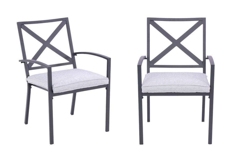 Set of Two Dark Gray Aluminum Outdoor Stacking Dining Chairs with Light Gray Cushion  Warm Home View