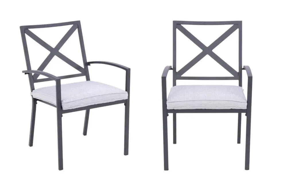 Dark Gray Aluminum Outdoor Stacking Dining Chairs with Light Gray Cushions - Set of 2  Warm Home View