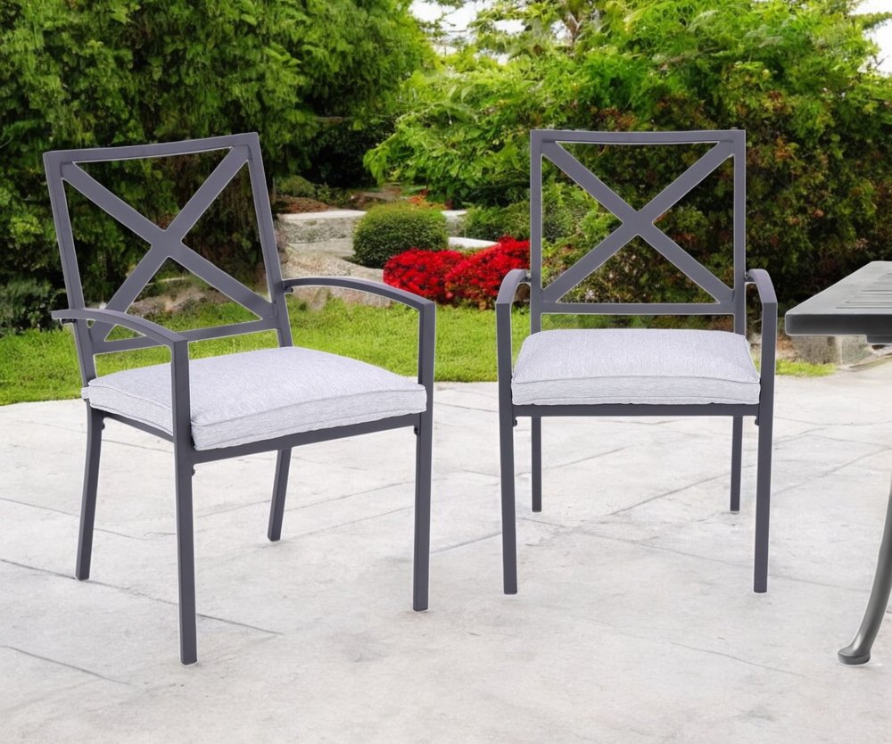 Set of Two Dark Gray Aluminum Outdoor Stacking Dining Chairs with Light Gray Cushion  Warm Home View