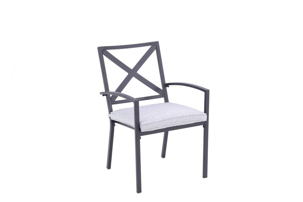 Set of Two Dark Gray Aluminum Outdoor Stacking Dining Chairs with Light Gray Cushion  Warm Home View
