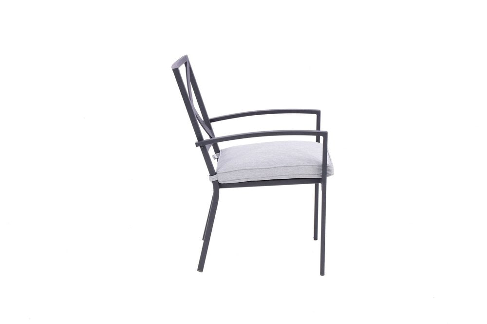 Set of Two Dark Gray Aluminum Outdoor Stacking Dining Chairs with Light Gray Cushion  Warm Home View